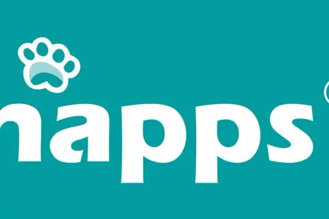Logo Happs z łapą, symbolizujące naturalne produkty dla zwierząt.